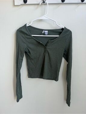 H&M Long Sleeve Ribbed Henley Crop Top - Olive Green